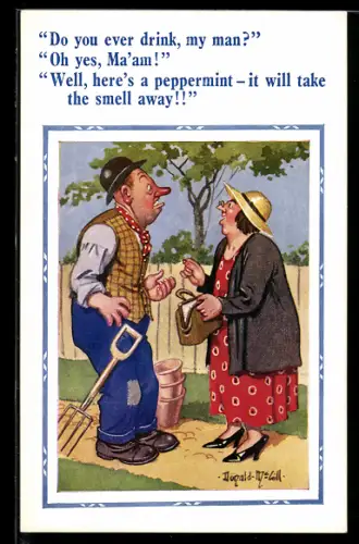 Künstler-AK Donald McGill: Frau spricht mit dem Gärtner