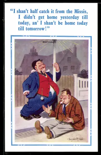 Künstler-AK Donald McGill: Betrunkene an einem Laternenpfahl