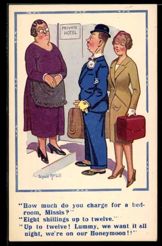 Künstler-AK Donald McGill: Flitterwochen, Missverständnis beim Einchecken