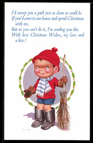 Künstler-AK Donald McGill: Junger Mann mit Besen, Weihnachtsgruss