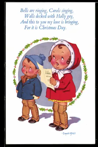 Künstler-AK Donald McGill: Singende Kinder, Weihnachtsgruss