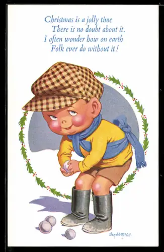 Künstler-AK Donald McGill: Junge formt Schneebälle, Weihnachten