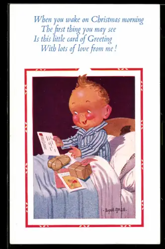 Künstler-AK Donald McGill: Junge mit Päckchen im Bett, Weihnachten