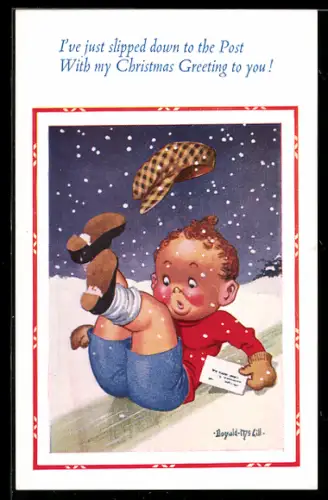 Künstler-AK Donald McGill: Junge rutscht im Schnee aus, Weihnachtsgruss