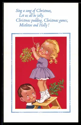 Künstler-AK Donald McGill: Frau hängt Misteln auf, Weihnachten