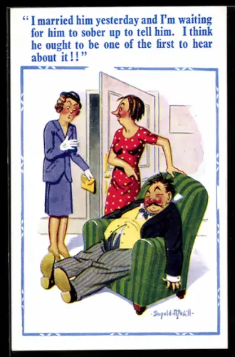 Künstler-AK Donald McGill: Frau zeigt auf Betrunkenen