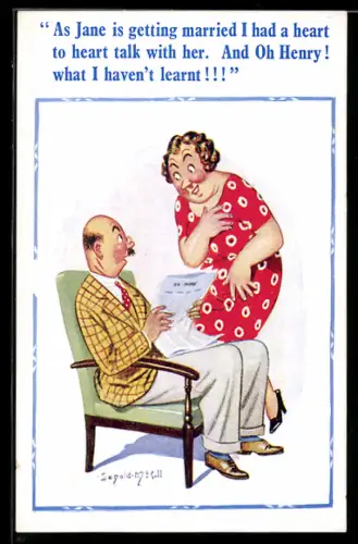 Künstler-AK Donald McGill: Ehepaar unterhält sich