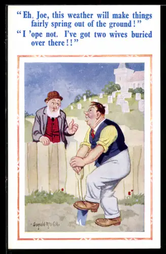 Künstler-AK Donald McGill: Mann hofft, dass seine Frauen nicht aus dem Grabe herausspringen