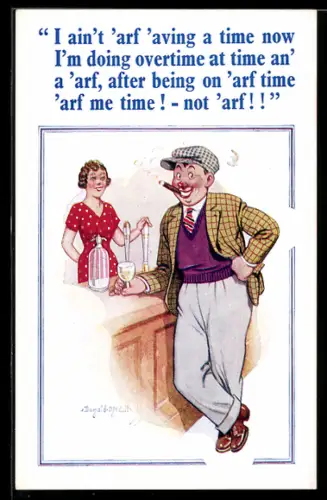 Künstler-AK Donald McGill: Junger Mann mit Zigarre an der Theke