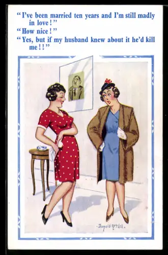 Künstler-AK Donald McGill: Zwei Frauen unterhalten sich