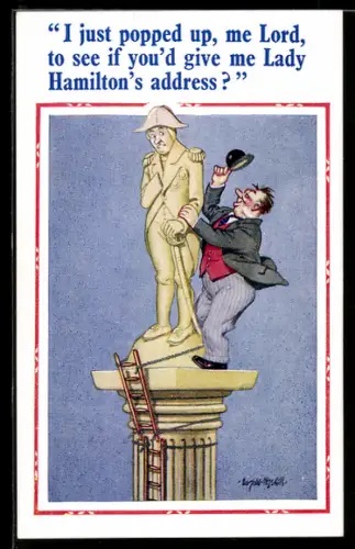 Künstler-AK Donald McGill: Mann ist auf Statue geklettert