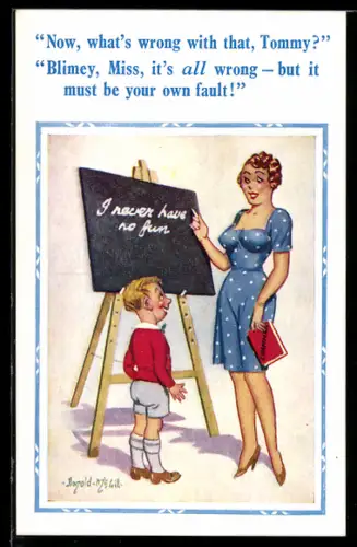 Künstler-AK Donald McGill: Junge bei Lehrerin an der Tafel