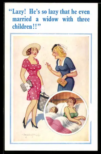 Künstler-AK Donald McGill: Zwei Frauen unterhalten sich