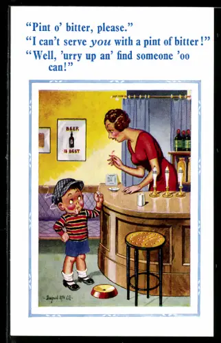 Künstler-AK Donald McGill: Junge an der Bar