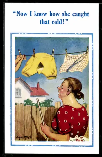 Künstler-AK Donald McGill: Frau an der Wäscheleine