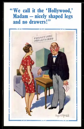 Künstler-AK Donald McGill: Furniture Department, junge Dame beim Vorstellungsgespräch