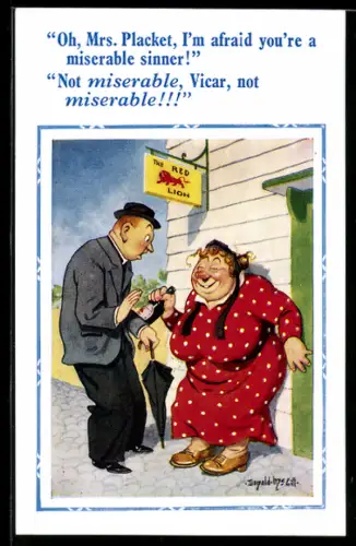 Künstler-AK Donald McGill: Herr spricht Betrunkene vor Gasthaus an