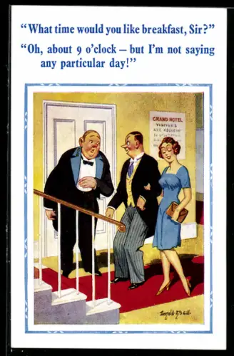 Künstler-AK Donald McGill: What time would you like breakfast, Sir?