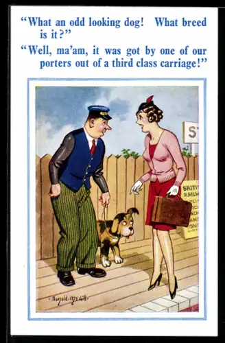 Künstler-AK Donald McGill: Frau spricht mit dem Pagen