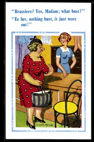 Künstler-AK Donald McGill: Frau an der Theke