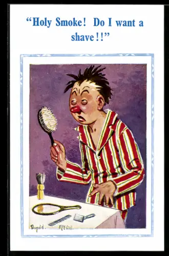 Künstler-AK Donald McGill: verschlafener Mann hält eine Bürste in der Hand