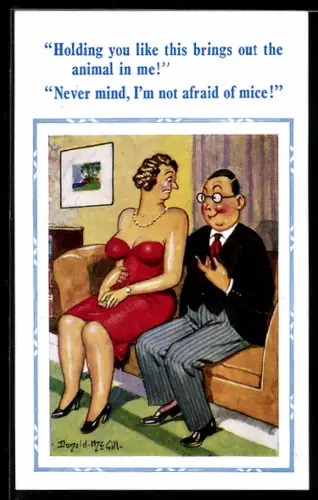 Künstler-AK Donald McGill: eleganter Herr sitzt mit einer hübschen Dame auf dem Sofa