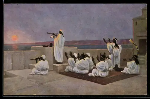 AK Araber beim Gebet gen Mekka, Musiker mit Harfe und Flöte