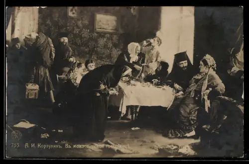 Künstler-AK sign. A. I. Korzuchin: Szene in einer Bar, Russische Kunst