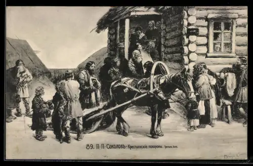 Künstler-AK Zugpferd mit Schlitten in einem Dorf, Russische Kunst