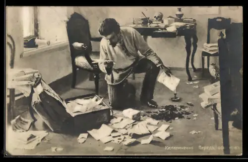 Künstler-AK Kniender Mann in einem unaufgeräumten Zimmer, Russische Kunst