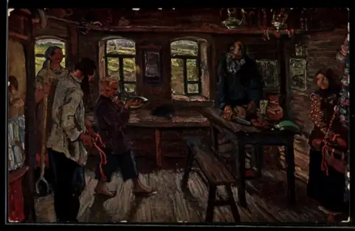 Künstler-AK sign. S. W. Maljutin: In der Bauernhütte, Russische Kunst