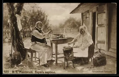 Künstler-AK sign. V. E. Makowsky: Ein älteres Pärchen sitzt draussen an einem Tisch, Russische Kunst