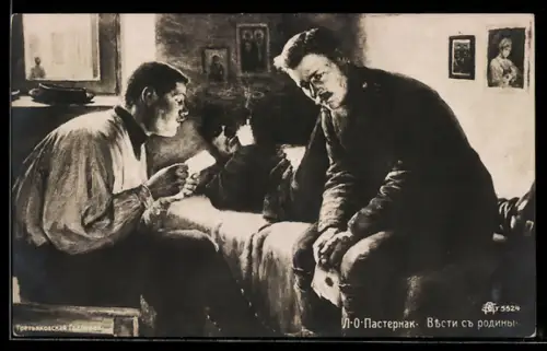 Künstler-AK Drei nachdenkliche Männer in einem Zimmer, Russische Kunst