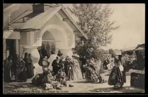Künstler-AK Menschen vor einer Kirche, Russische Kunst