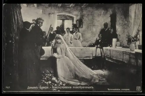 Künstler-AK Kniende Frau im Brautkleid, Russische Kunst