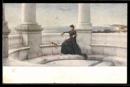 Künstler-AK Elegante Frau mit einer Laute, Russische Kunst