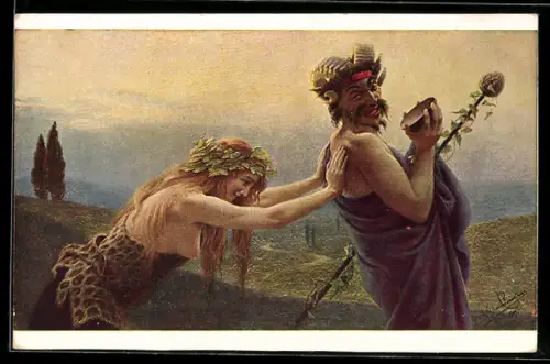 Künstler-AK sign. W. Ismailowitsch: Ein froher Zecher, Mädchen und Faun, Satyr, Pan