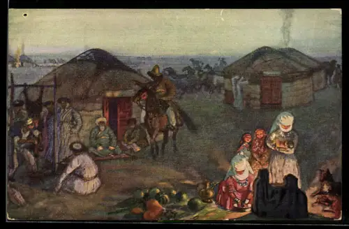 Künstler-AK sign. K. M. Kustodijeff: Kirgisische Steppe, Russische Kunst