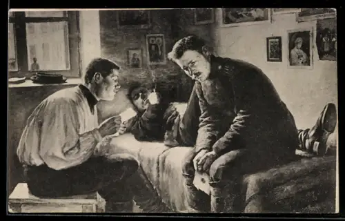 Künstler-AK Drei nachdenkliche Männer auf einem Zimmer, Russische Kunst