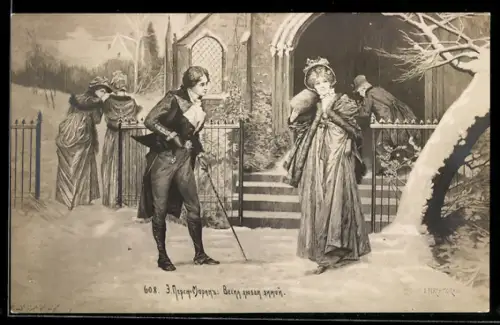 Künstler-AK Elegantes Paar vor einer Kirche im Schnee, Russische Kunst