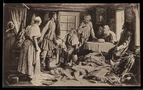 Künstler-AK Gesellschaft in einem Zimmer voller Gerümpel, Russische Kunst