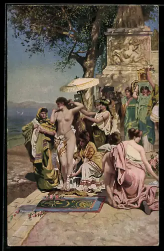 Künstler-AK sign. G. I. Sémiradsky: Phryné à la fête de Poseidon dans l`Olympie, Russische Kunst