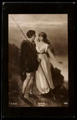 Künstler-AK Hübsche Frau steht bei einem Mann mit Angel, Russische Kunst