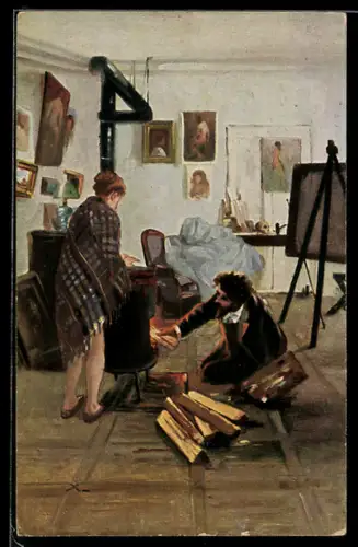 AK Maler und Modell im kalten Atelier am Ofen