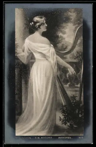 Künstler-AK sign. M. Pischon: Hübsche Frau in weissem Gewand an einer Harfe, Russische Kunst