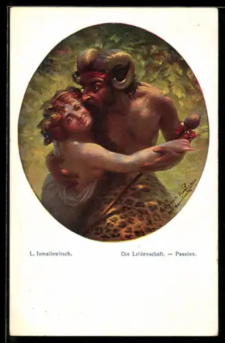 Künstler-AK sign. L. Ismailowitsch: Die Leidenschaft-Passion, Pan küsst eine Nymphe
