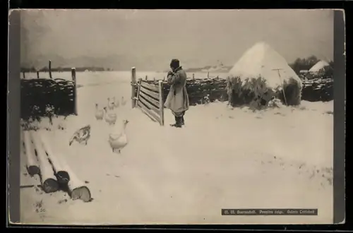 Künstler-AK sign. M. M. Guermadieff: Première neige, Russische Kunst