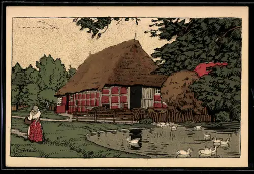 Steindruck-AK Dorfidyll in der Lüneburger Heide