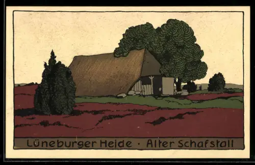 Steindruck-AK Alter Schafstall in der Lüneburger Heide