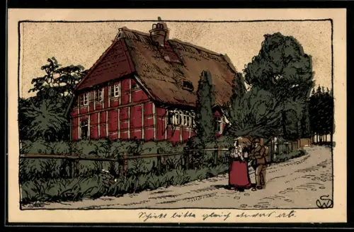 Steindruck-AK Altes Schulhaus in der Lüneburger Heide